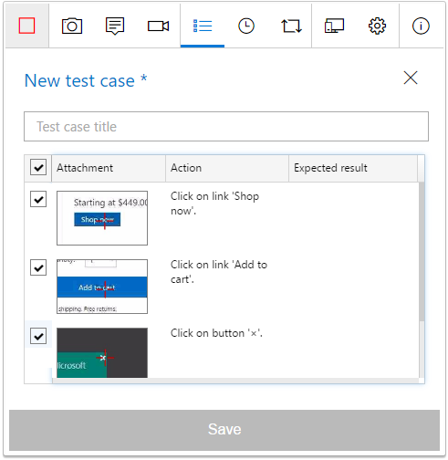 Capture d’écran montrant les actions pour le nouveau cas de test.