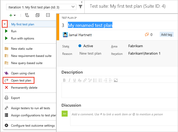 Capture d’écran montrant le changement de nom d’un plan de test.