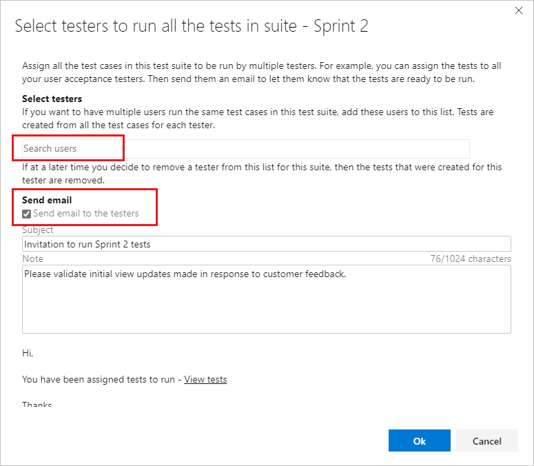 Capture d’écran montrant l’affectation de testeurs pour exécuter toutes les boîtes de dialogue tests avec les utilisateurs de recherche et envoyer un e-mail appelé.