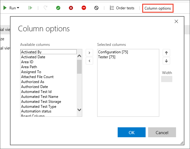 Capture d’écran montrant les options de colonne pour sélectionner des champs à modifier.