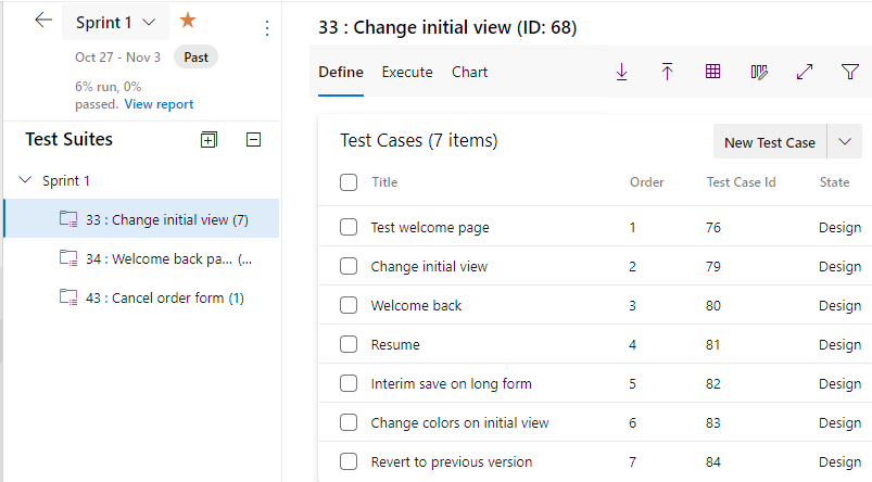 Capture d’écran de Azure Test Plans, plans de test, suites de tests, onglet Définir