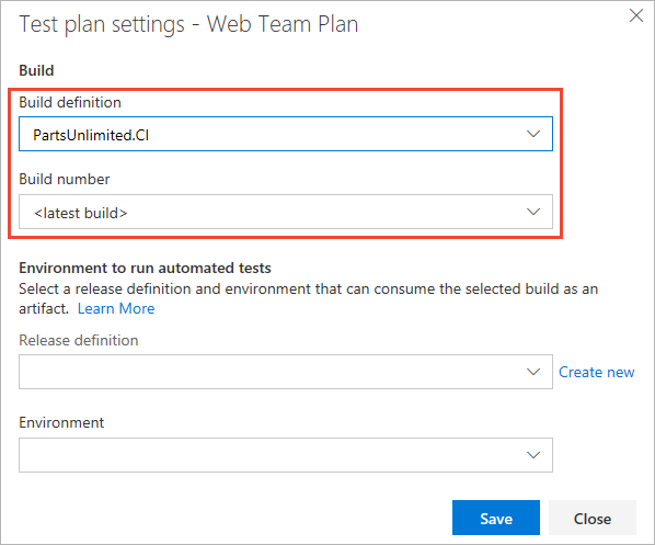 Capture d’écran montrant la sélection du numéro de build et de build.