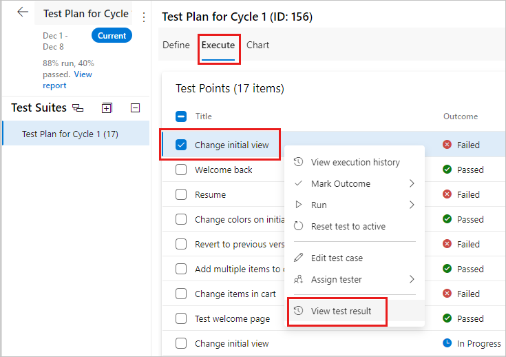 Capture d’écran montrant le menu contextuel d’un cas de test, avec l’option Afficher le résultat du test sélectionnée.