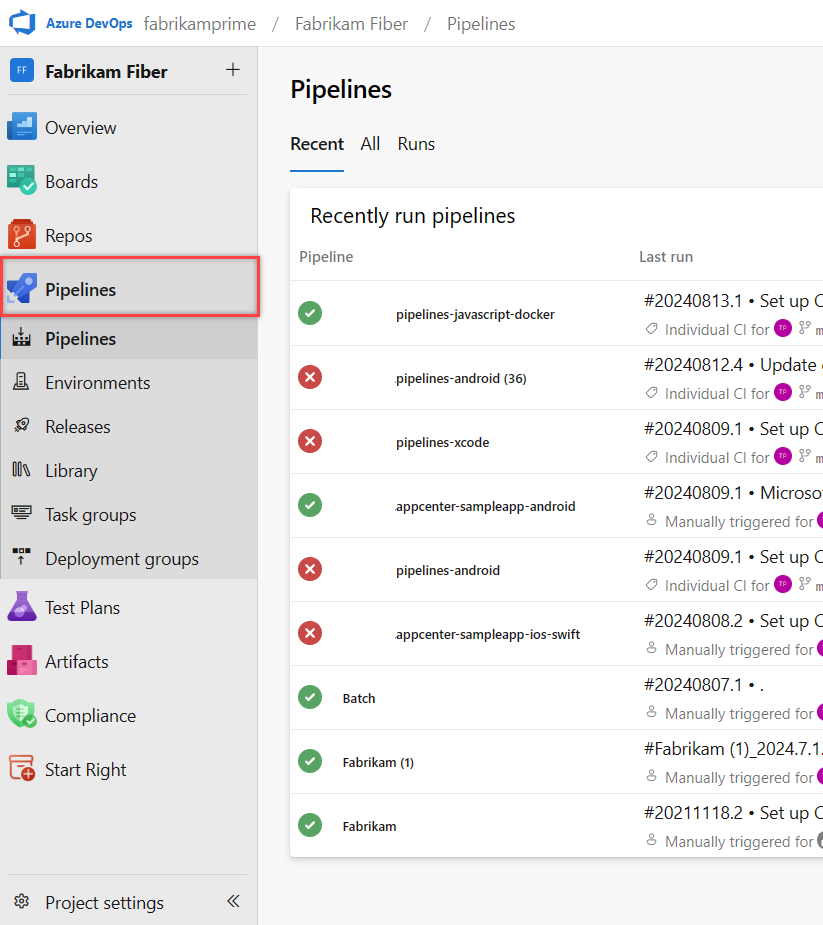 Capture d’écran de la page d’accueil d’Azure Pipelines.