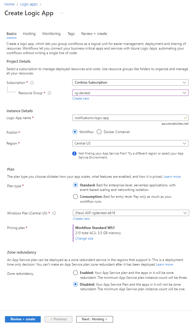 Capture d’écran montrant la page Créer une application logique.