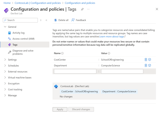 Capture d’écran montrant les balises ajoutées pour une ressource DevTest Labs sur le Portail Azure.