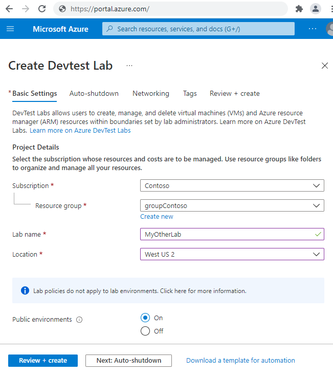 Capture d’écran de l’onglet Paramètres de base dans le formulaire Créer DevTest Labs.