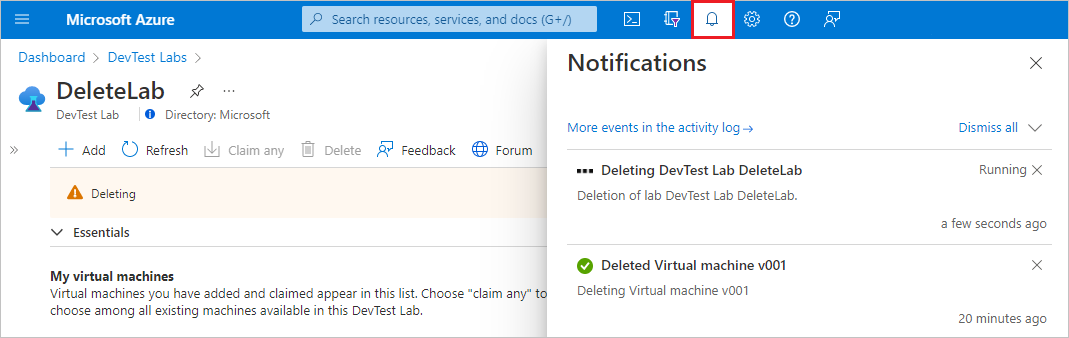 Capture d’écran de l’icône Notifications dans la barre de menus Azure.