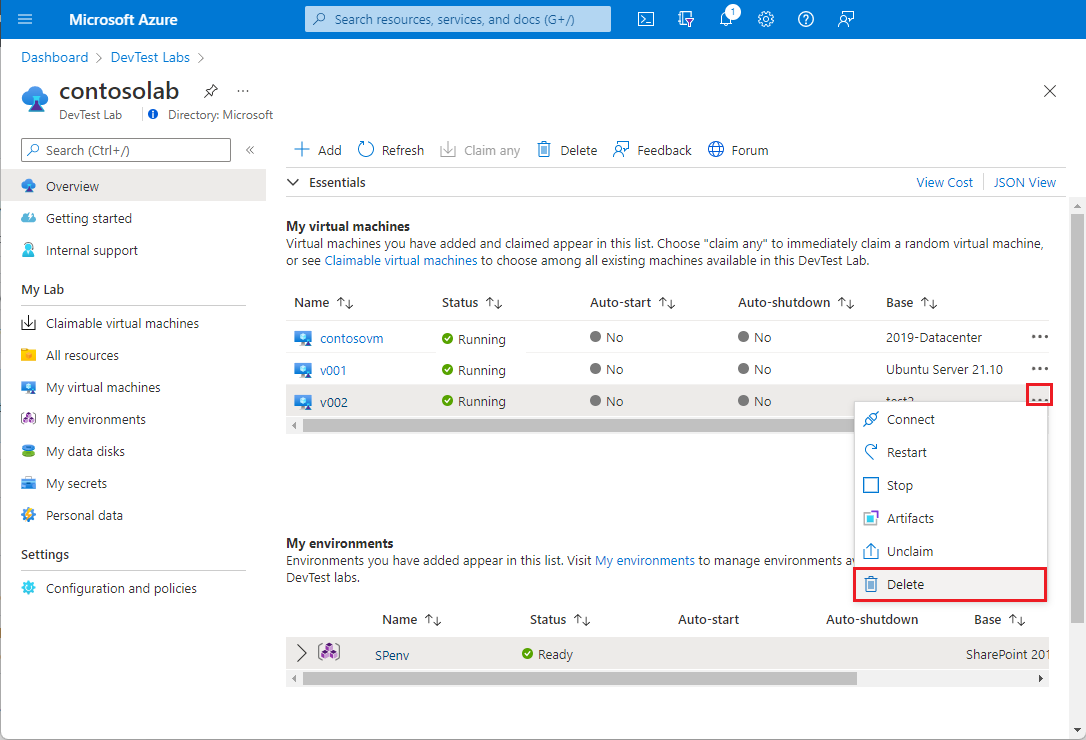 Capture d’écran de l’option Supprimer sélectionnée dans le menu contextuel de la machine virtuelle sur la page Vue d’ensemble du labo.