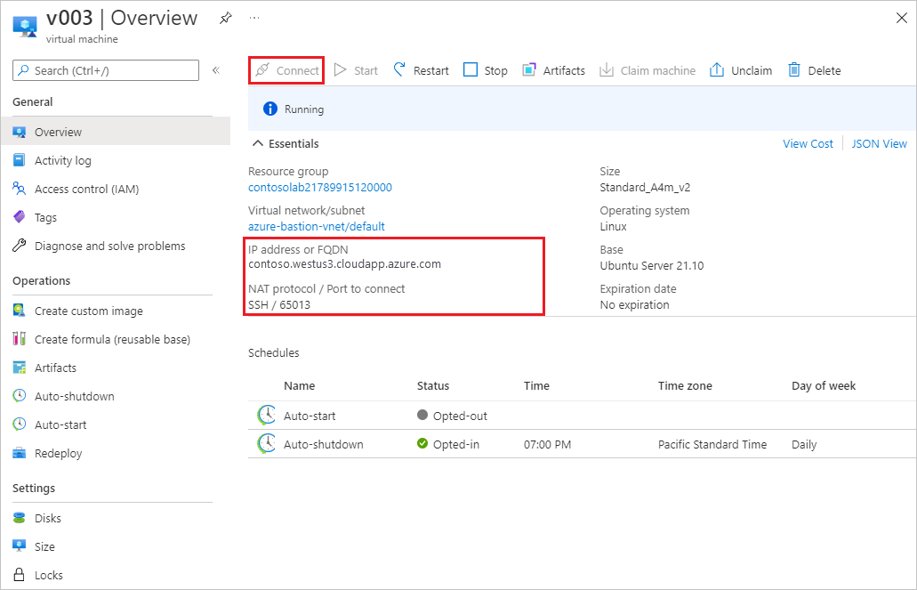 Capture d’écran montrant les options de connexion RDP et SSH sur une page Vue d’ensemble de machine virtuelle.