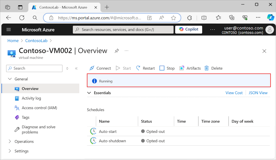 Capture d’écran montrant comment confirmer que la machine virtuelle DevTest Labs est en cours d’exécution.