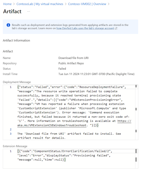 Capture d’écran des détails de l’artefact ayant échoué, avec notamment des informations sur les messages de déploiement et d’extension.