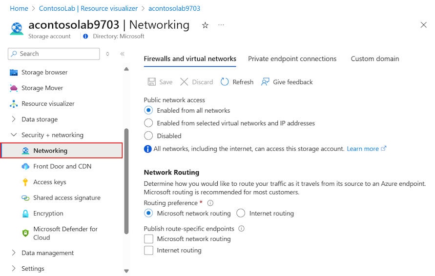 Capture d’écran montrant comment afficher la configuration réseau pour le compte de stockage d’une ressource de labo DevTest Labs.