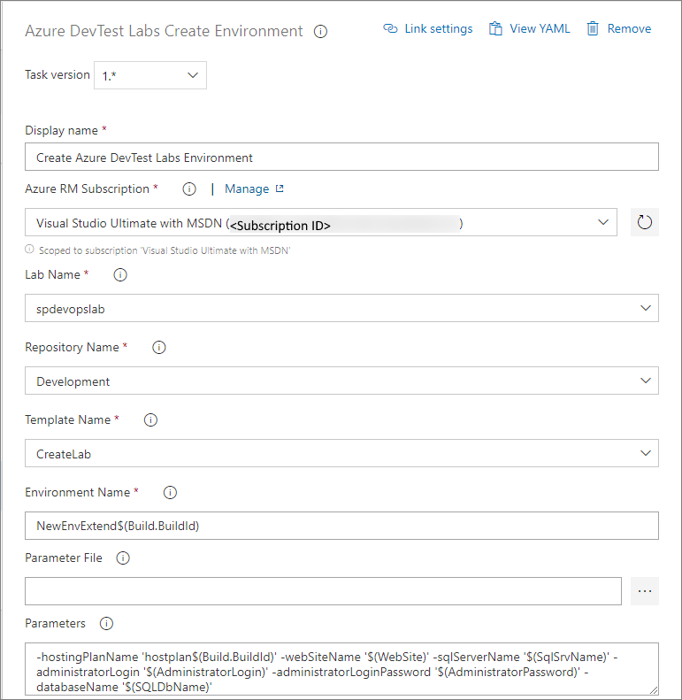 Capture d’écran montrant la tâche Créer un environnement Azure DevTest Labs.