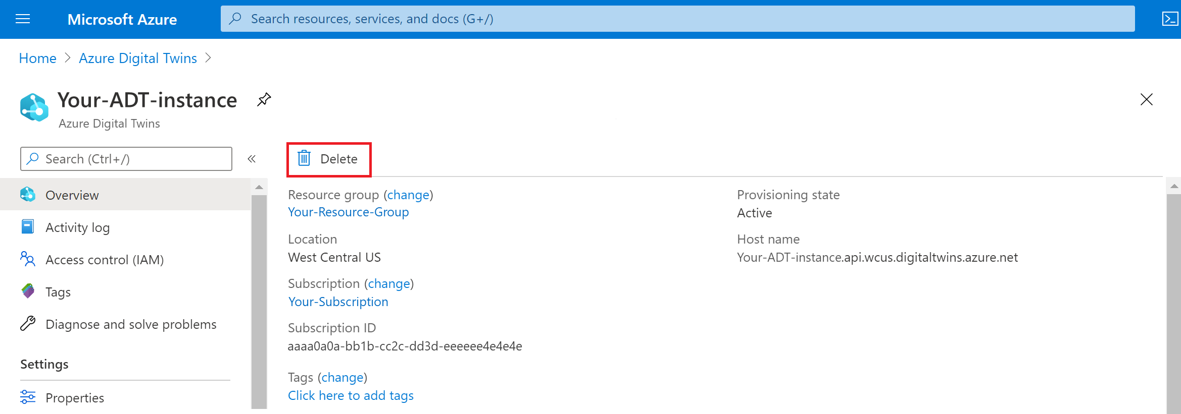 Capture d’écran des détails de l’instance Azure Digital Twins sous l’onglet Vue d’ensemble du portail Azure. Le bouton Supprimer est en évidence.