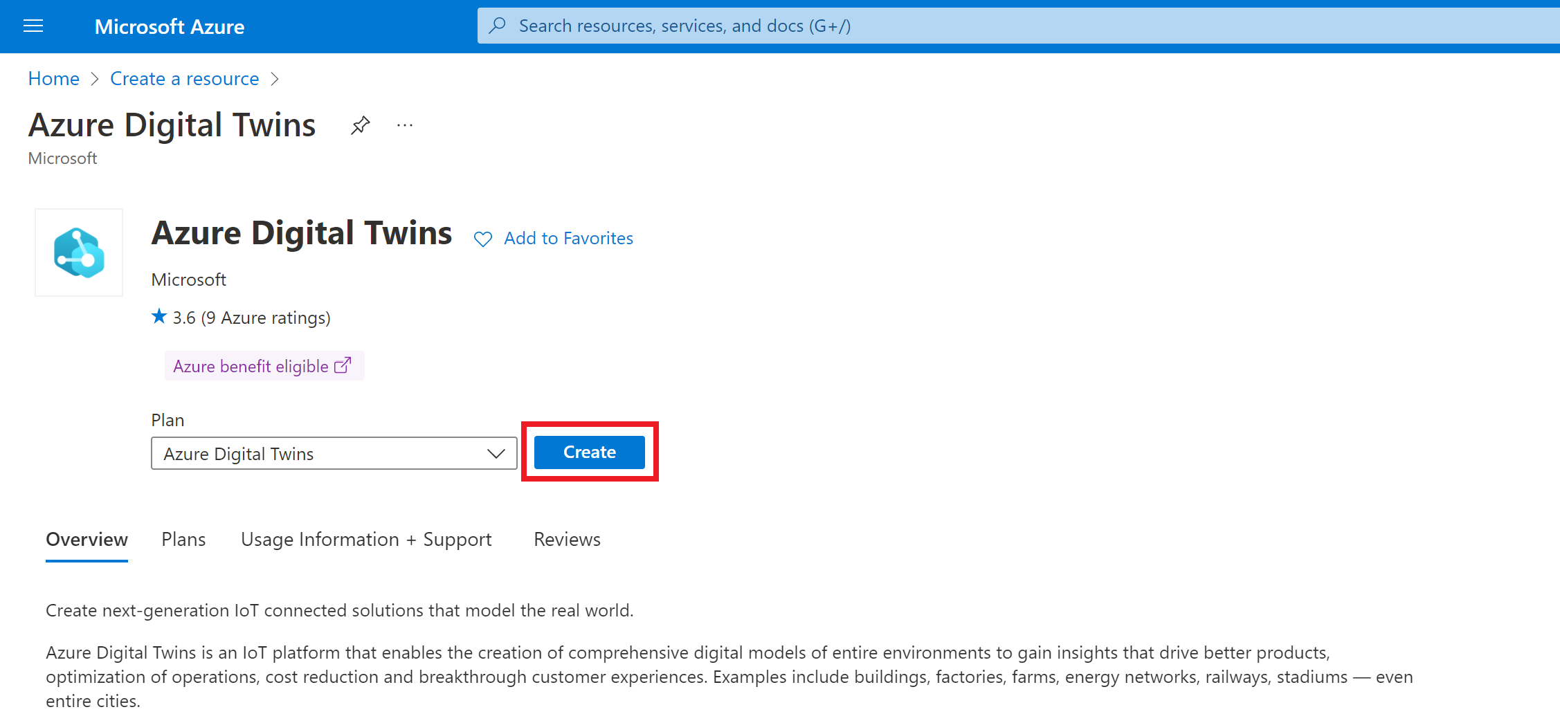 Capture d’écran du portail Azure, mettant en évidence le bouton « Créer » dans la page du service Azure Digital Twins