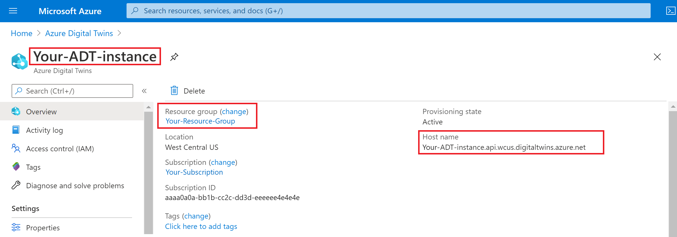 Capture d’écran du portail Azure, mettant en évidence les valeurs importantes de la page de présentation de l’instance Azure Digital Twins