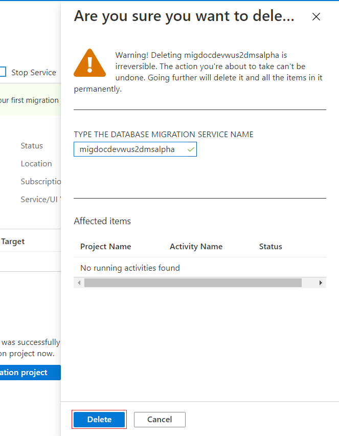 Capture d’écran de la confirmation de la suppression du service de migration.