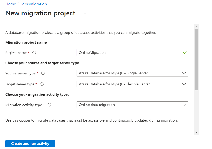 Capture d’écran de la création d’un nouveau projet de migration.