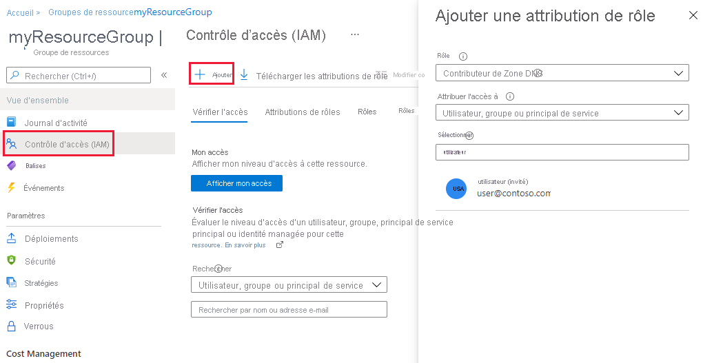 Capture d’écran de la page Contrôle d’accès (IAM) d’un groupe de ressources.