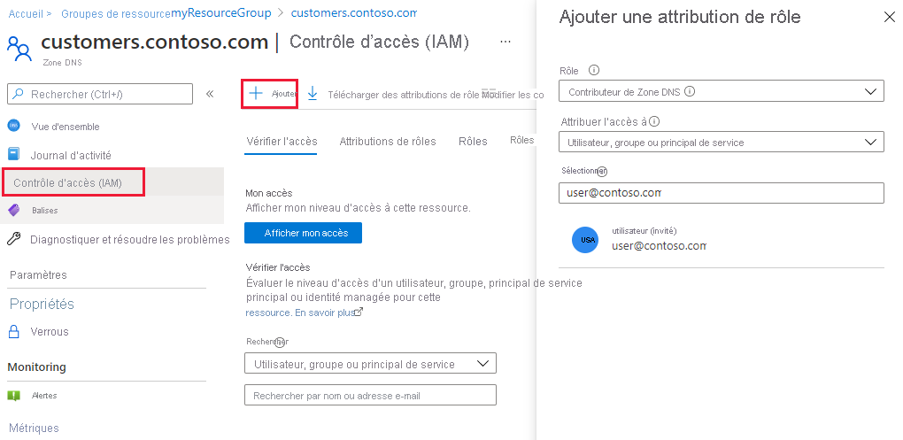 Capture d’écran de la page de contrôle d’accès pour la zone DNS.