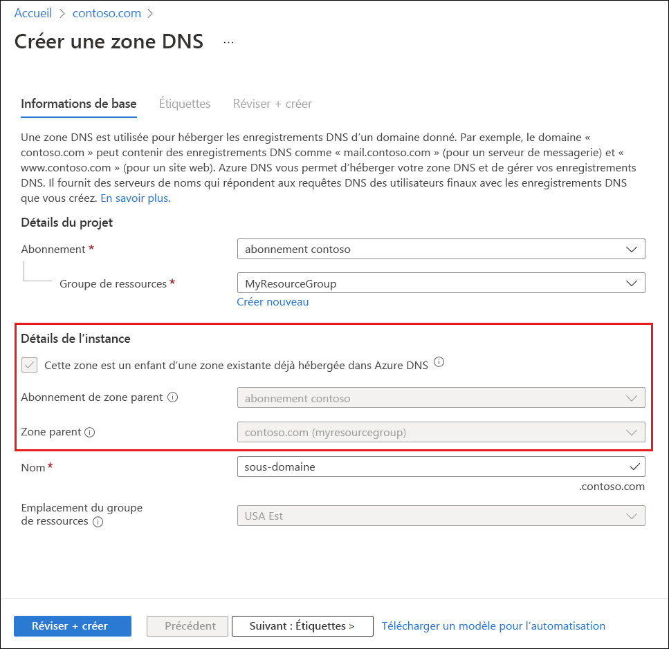 Capture d’écran de la page Créer une zone DNS accessible à l’aide du bouton d’ajout de zone enfant.