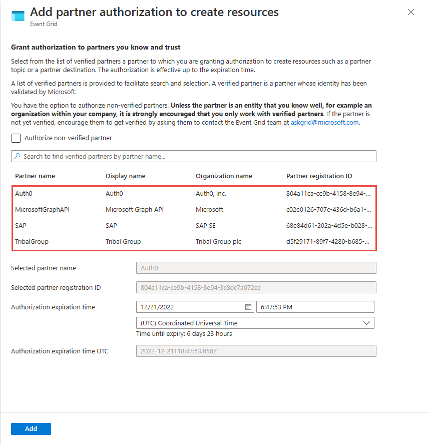 Capture d’écran montrant la page qui vous permet d’accorder à un partenaire vérifié l’autorisation de créer des ressources dans votre groupe de ressources.