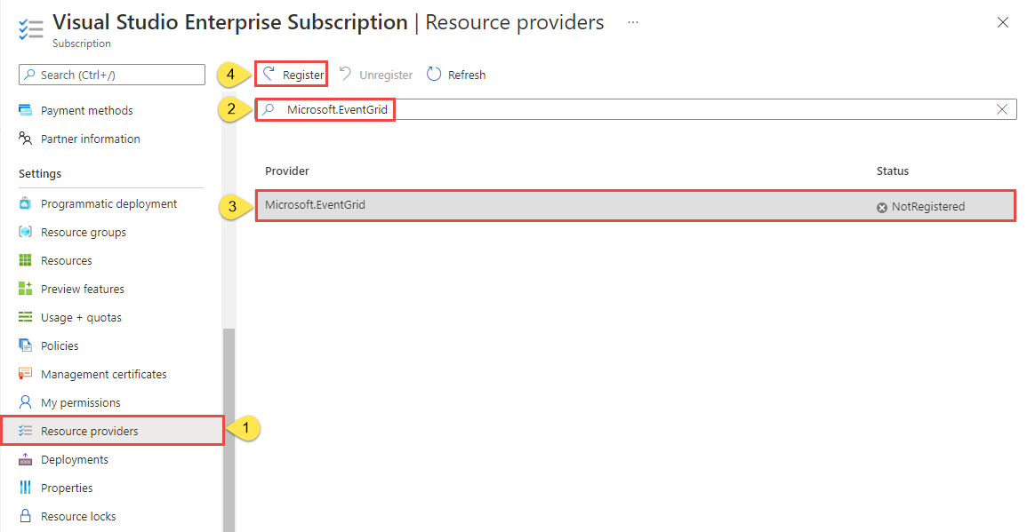 Image montrant l’enregistrement du fournisseur Microsoft.EventGrid avec l’abonnement Azure.