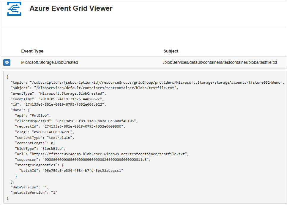 Capture d’écran montrant l’exemple d’application Visionneuse Azure Event Grid avec un événement.