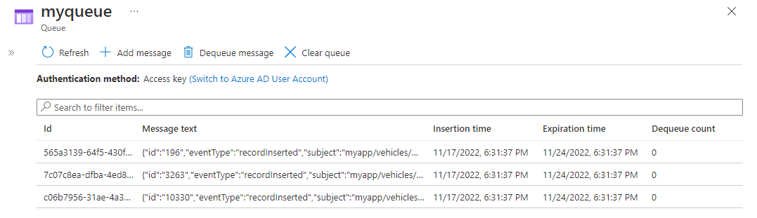 Capture d’écran montrant la liste des messages reçus en provenance d’Event Grid dans une file d’attente.