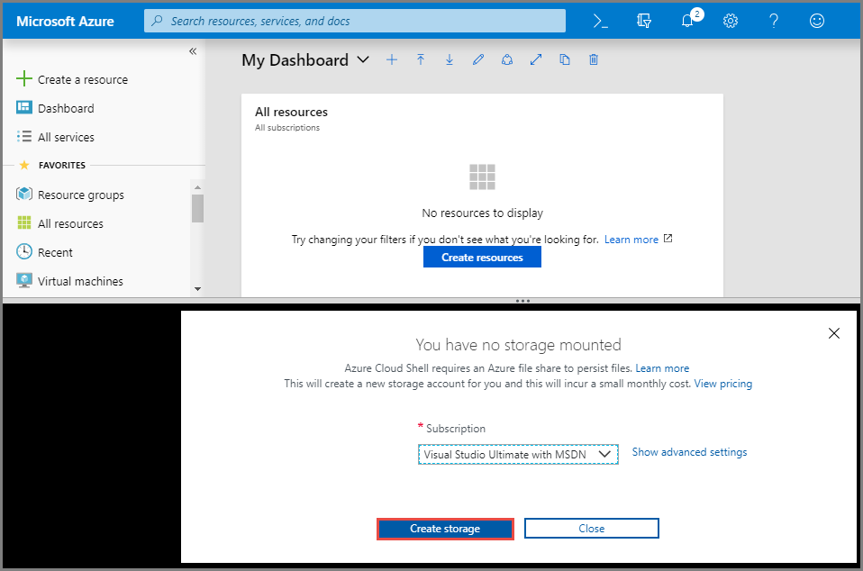 Capture d’écran montrant la création d’un stockage pour Cloud Shell.