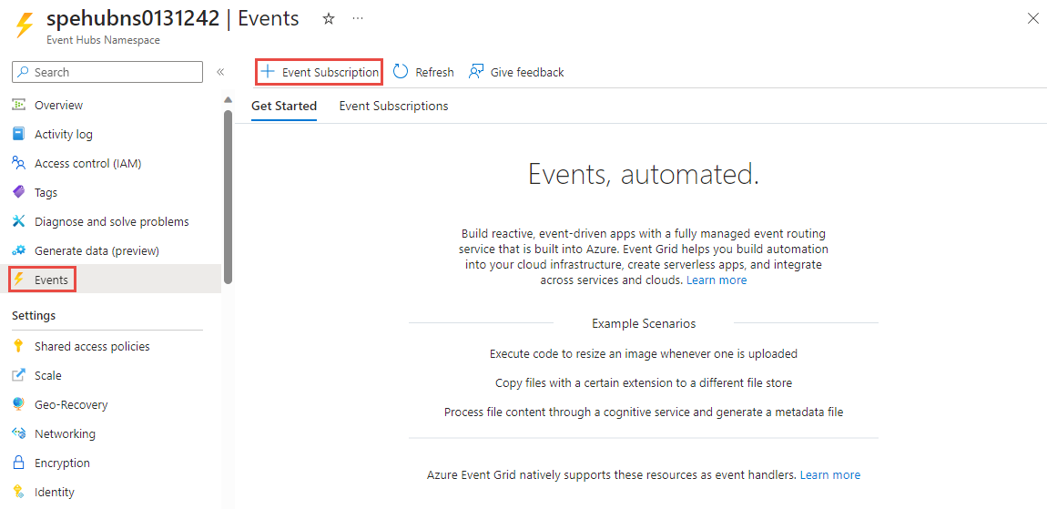 Capture d’écran de la page Événements d’un espace de noms Event Hubs avec le lien Ajouter un abonnement aux événements sélectionné. 