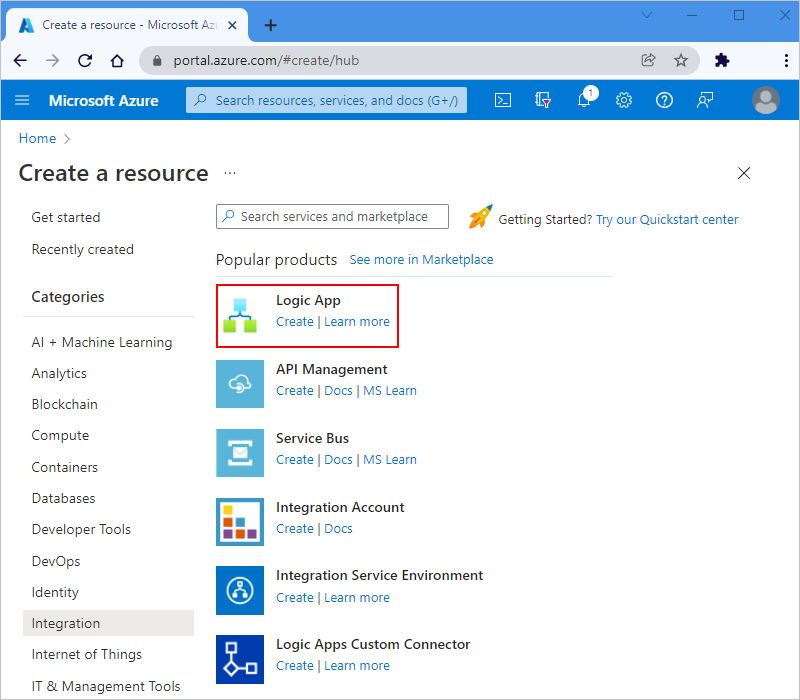 Capture d’écran du portail Azure, montrant le bouton permettant de créer une ressource d’application logique.