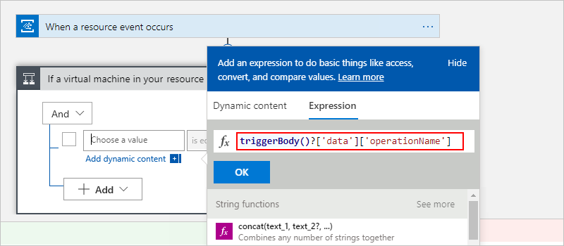 Capture d’écran montrant le concepteur de flux de travail et l’éditeur de conditions avec une expression pour extraire le nom de l’opération.