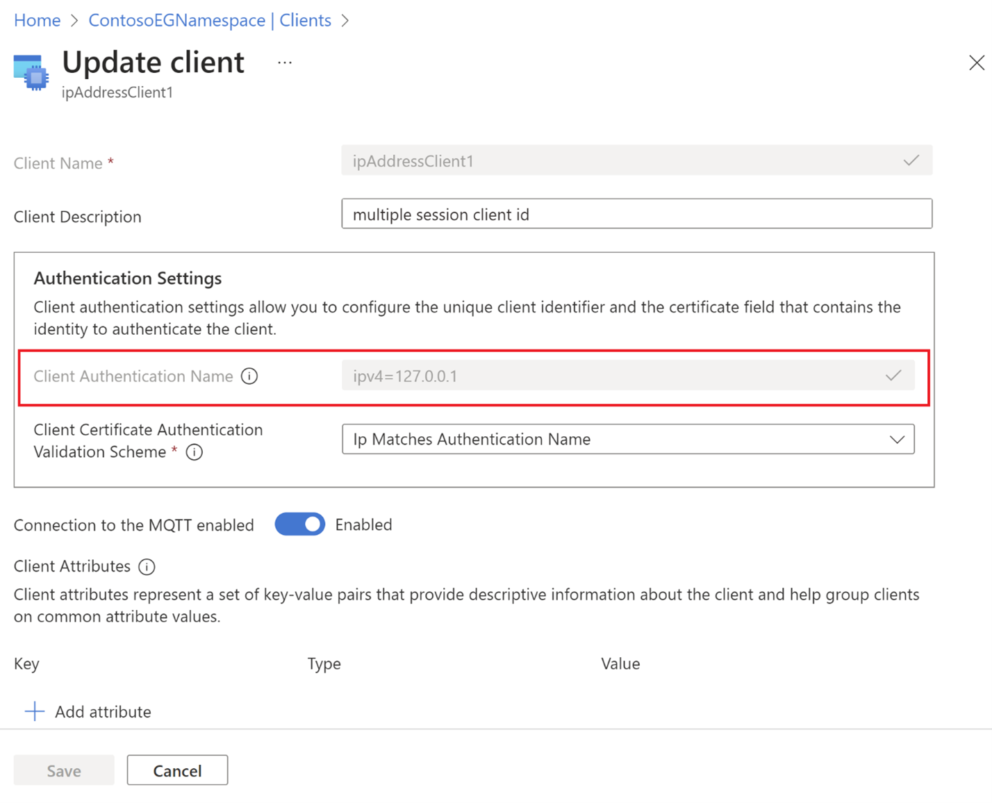 Capture d'écran montrant la configuration du client avec les informations sur le nom d'authentification du client en surbrillance.