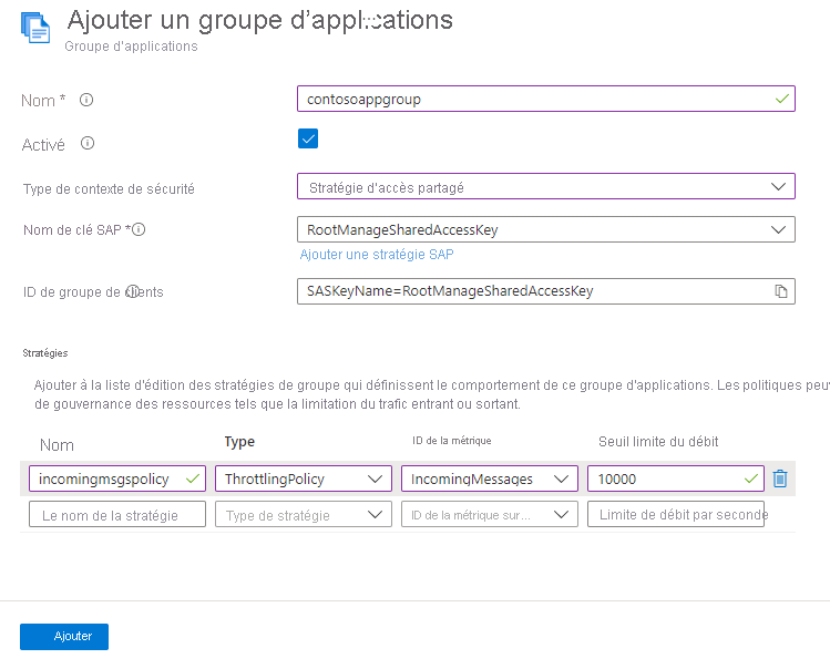 Capture d’écran de la page Ajouter un groupe d’applications avec une stratégie pour les messages entrants.