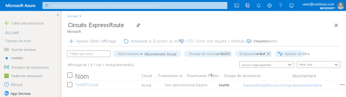 Capture d’écran de la liste des circuits ExpressRoute.