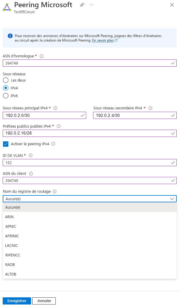 Capture d’écran montrant comment mettre à jour la configuration du peering Microsoft.