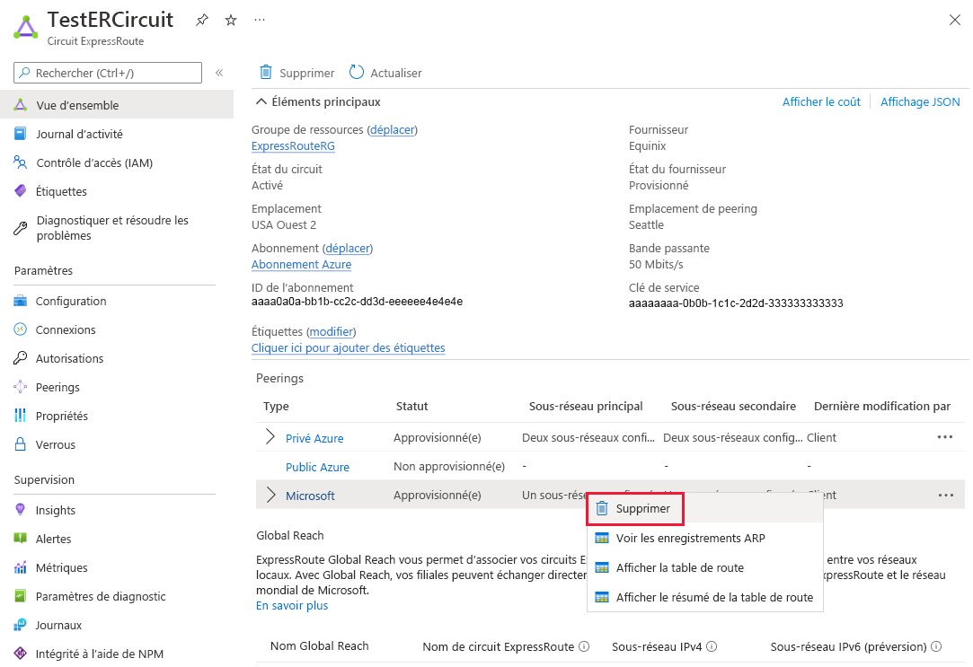 Capture d’écran montrant comment supprimer le peering Microsoft.