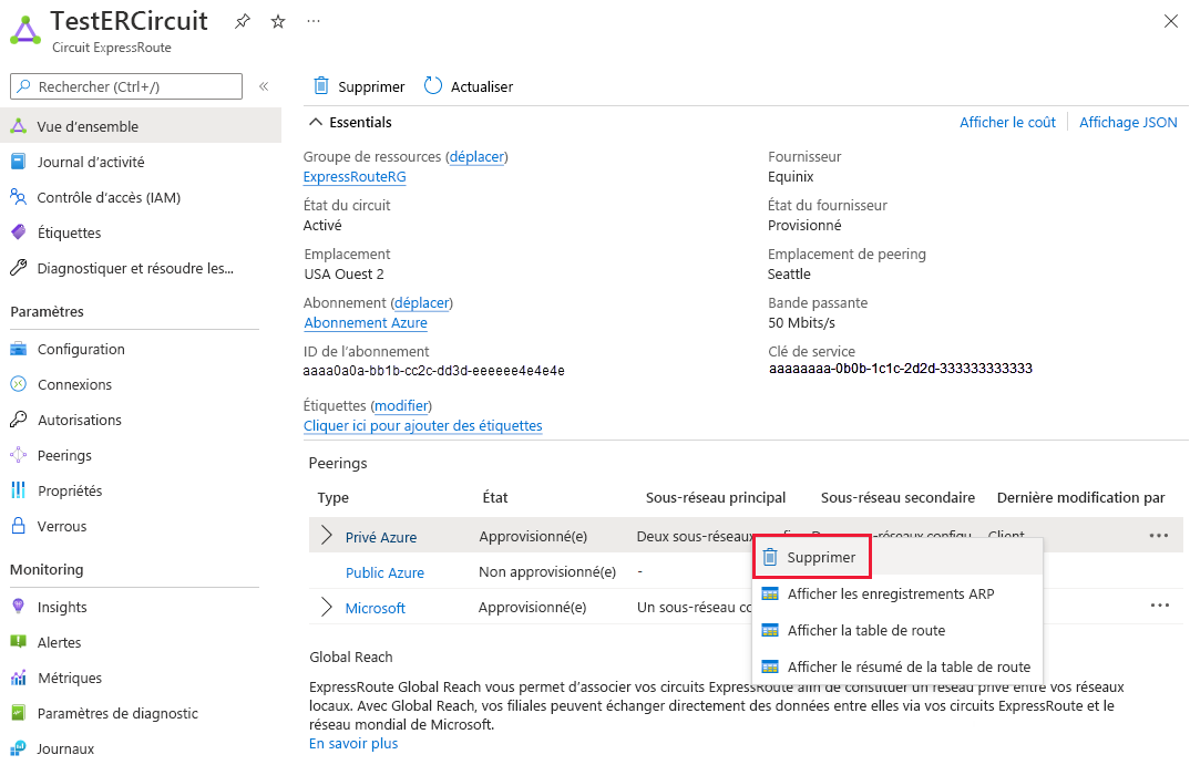 Capture d’écran montrant comment supprimer le peering privé.