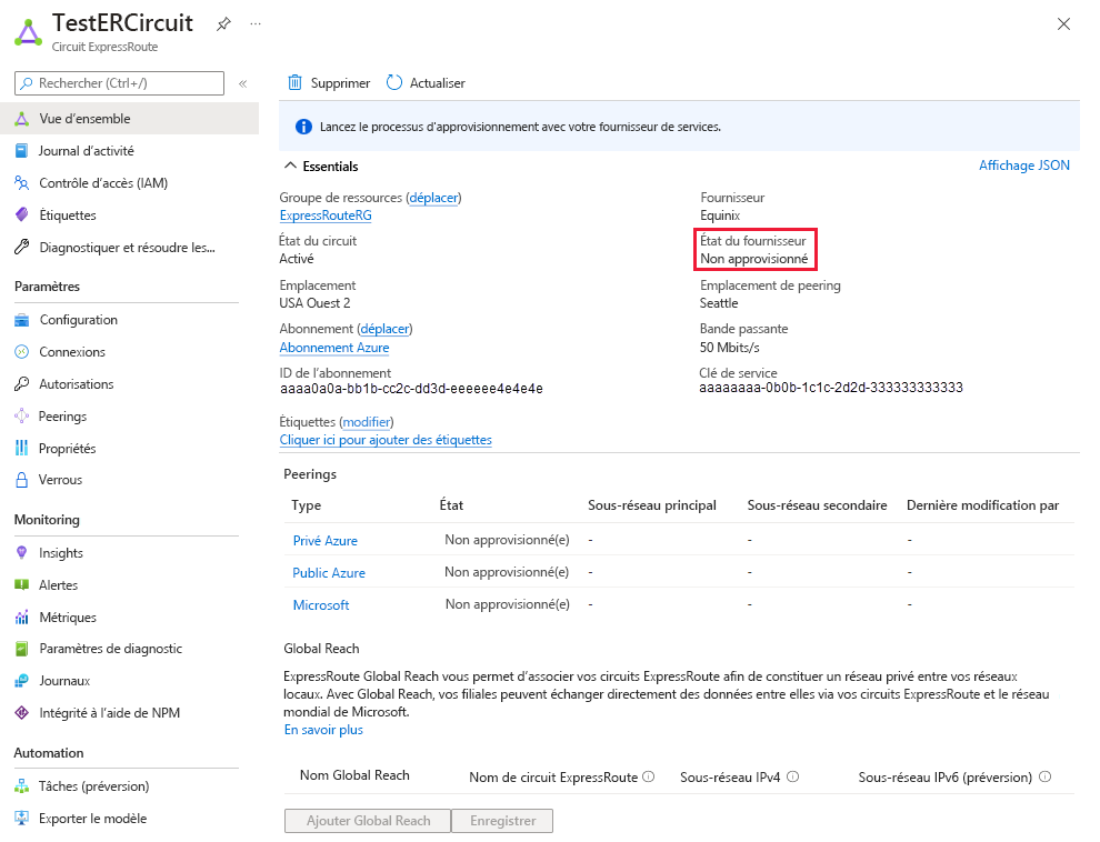 Capture d’écran montrant la page Vue d’ensemble du circuit de démonstration d’ExpressRoute avec une zone rouge mettant en évidence l’État du fournisseur défini sur Non provisionné.