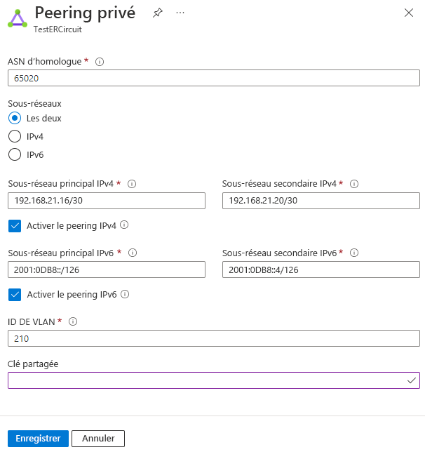 Capture d’écran montrant la configuration du peering privé.