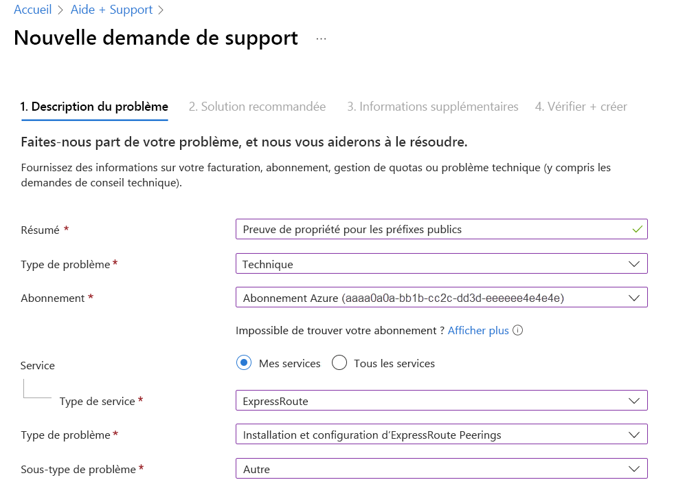 Capture d’écran montrant une nouvelle demande de ticket de support pour soumettre une preuve de propriété pour les préfixes publics.