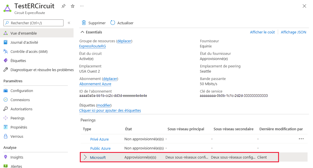 Capture d’écran montrant comment afficher les propriétés du peering Microsoft.