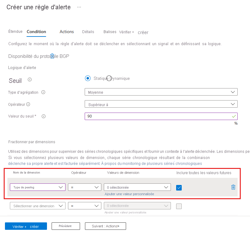 Capture d’écran d’une règle d’alerte basée sur la configuration du peering ExpressRoute.