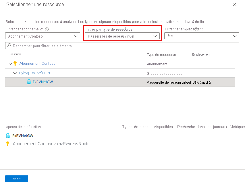 Capture d’écran illustrant la sélection de la passerelle de réseau virtuel ExpressRoute dans la page Sélectionner une ressource.