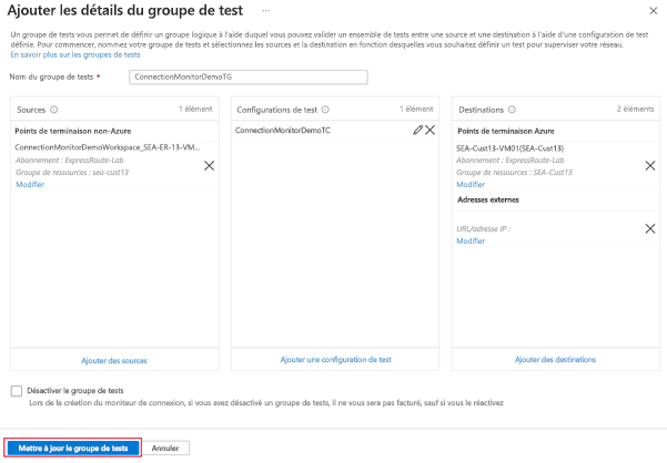 Capture d’écran de la page Ajouter les détails du groupe de tests configurée.