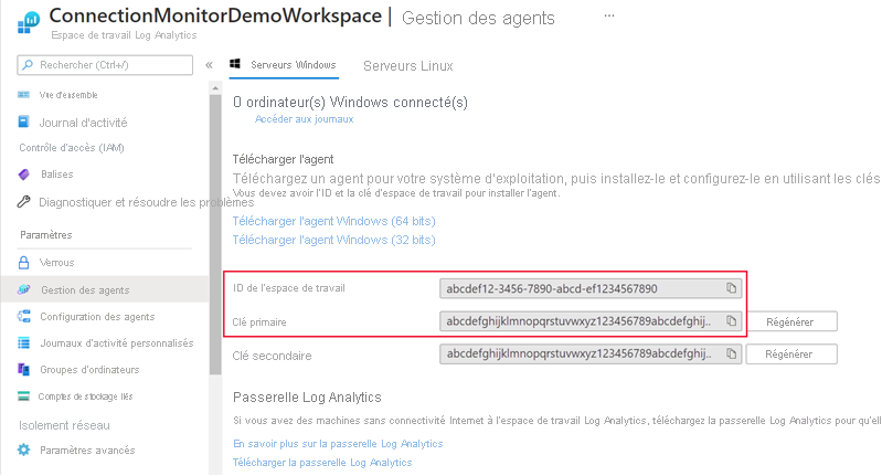 Capture d’écran de l’ID et de la clé primaire de l’espace de travail.