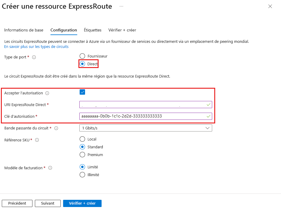 Screenshot of redeeming authorization when creating a new ExpressRoute circuit.