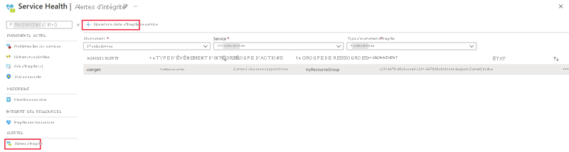 Capture d’écran de la sélection de la page Alertes d’intégrité dans Service Health.